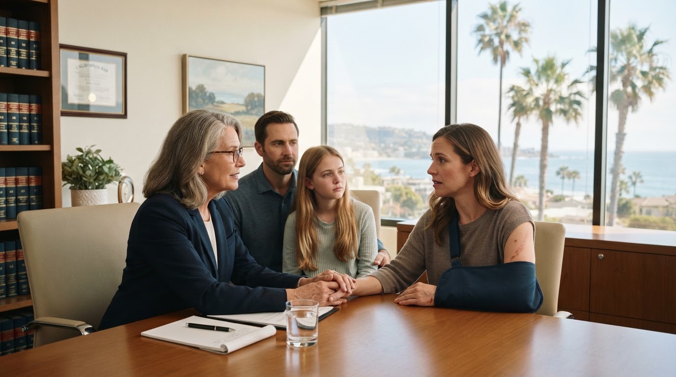 California personal injury attorney meeting with an injured client and family.